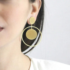 Geometric Double Circle Drop Earrings – Matte Silver Statement by Jeluxa
