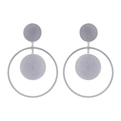 Geometric Double Circle Drop Earrings – Matte Silver Statement by Jeluxa