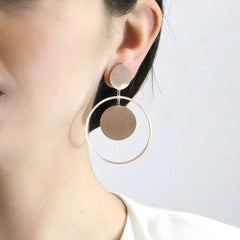 Geometric Double Circle Drop Earrings – Matte Silver Statement by Jeluxa
