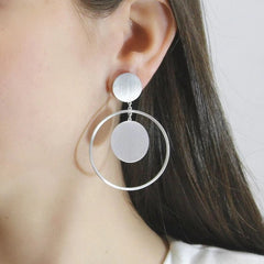 Geometric Double Circle Drop Earrings – Matte Silver Statement by Jeluxa