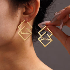 Jeluxa Custom Geometric Name Earrings – Personalized Gold Plated Statement Jewelry