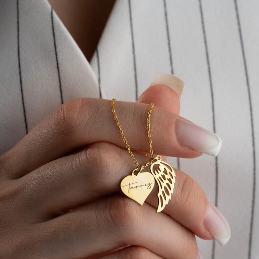 Custom Name On Heart With Angle Wings Necklace