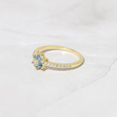 Jeluxa Blue Blossom Floral CZ Ring – Elegant Gold Plated Sterling Silver