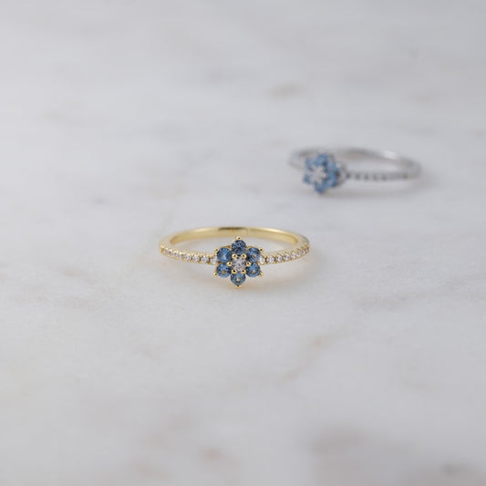 Jeluxa Blue Blossom Floral CZ Ring – Elegant Gold Plated Sterling Silver