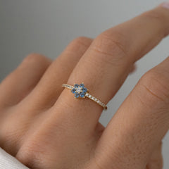 Jeluxa Blue Blossom Floral CZ Ring – Elegant Gold Plated Sterling Silver