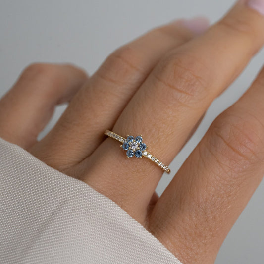 Jeluxa Blue Blossom Floral CZ Ring – Elegant Gold Plated Sterling Silver