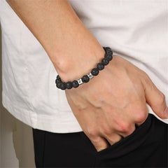 Personalized Men’s Beaded Name Bracelet – Lava Stone & Engraved Balance