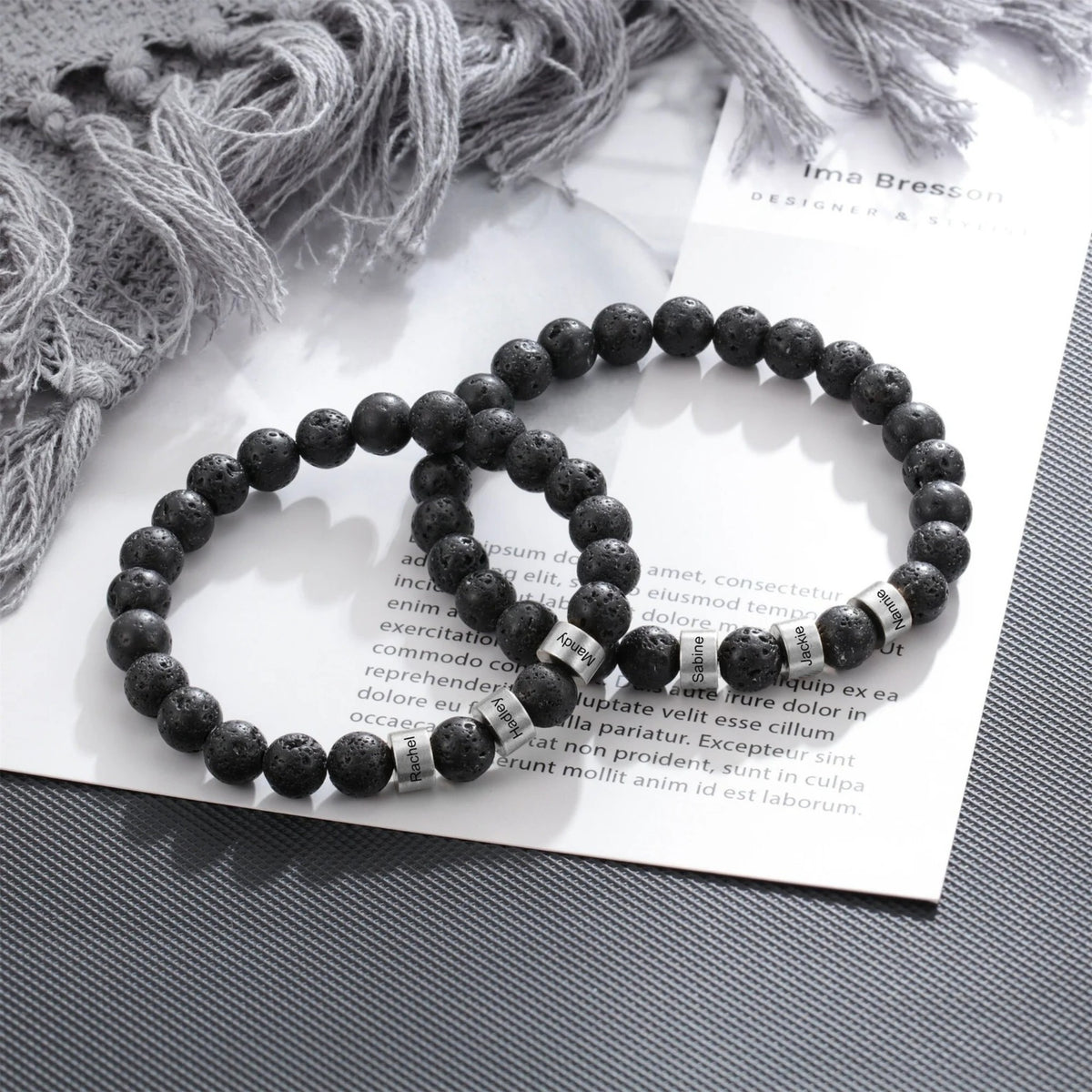 Personalized Men’s Beaded Name Bracelet – Lava Stone & Engraved Balance