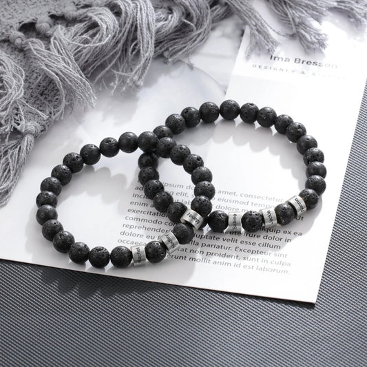 Personalized Men’s Beaded Name Bracelet – Lava Stone & Engraved Balance