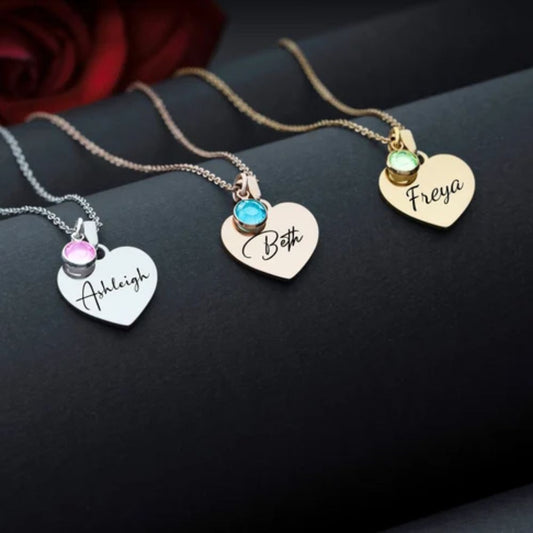 Personalized Engraved Heart With Birthstone Necklace For Gift