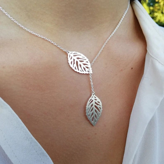 Nature-Inspired Double Leaf Necklace – Elegant Silver Y Design by Jeluxa