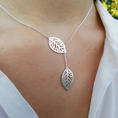 Nature-Inspired Double Leaf Necklace – Elegant Silver Y Design by Jeluxa