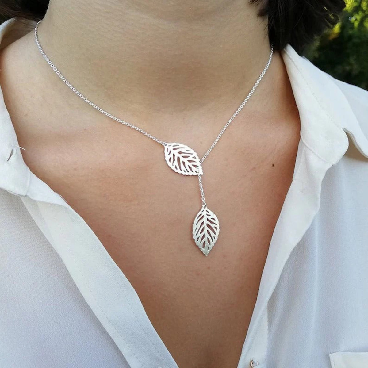 Nature-Inspired Double Leaf Necklace – Elegant Silver Y Design by Jeluxa