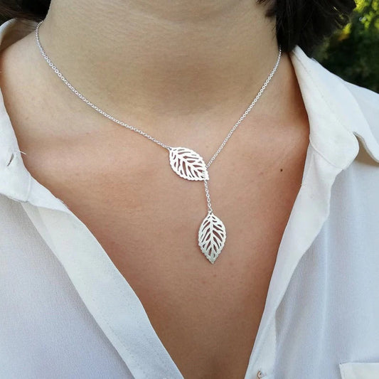 Nature-Inspired Double Leaf Necklace – Elegant Silver Y Design by Jeluxa