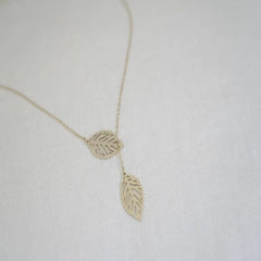 Nature-Inspired Double Leaf Necklace – Elegant Silver Y Design by Jeluxa