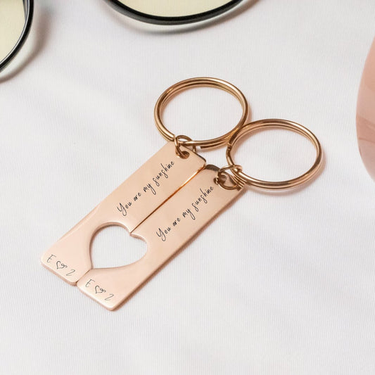 Personalized Couple Heart Cutout Keychains – Custom Engraved Gift Set by Jeluxa