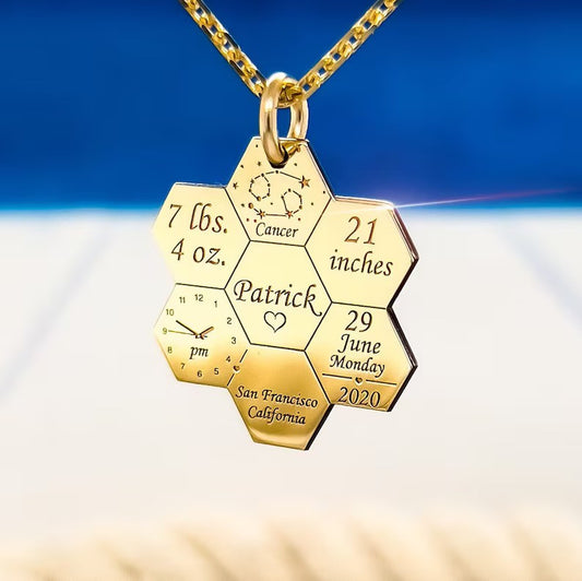 Personalized Dainty Birth Stat Honeycomb Necklace