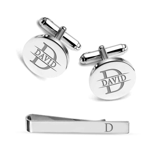 Personalized Engraved Initial or Name Designer Round Cufflinks and Tie Clip Set Collection