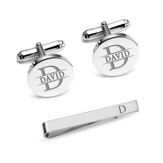 Personalized Engraved Initial or Name Designer Round Cufflinks and Tie Clip Set Collection