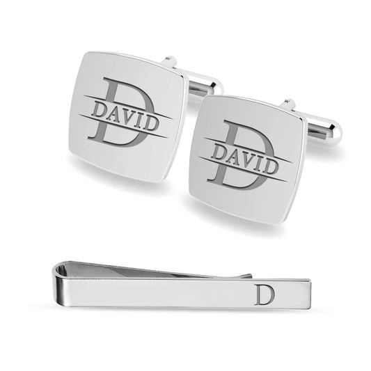 Personalized Engraved Initial or Name Designer Square Cufflinks and Tie Clip Set Collection Ideal Men and Boys