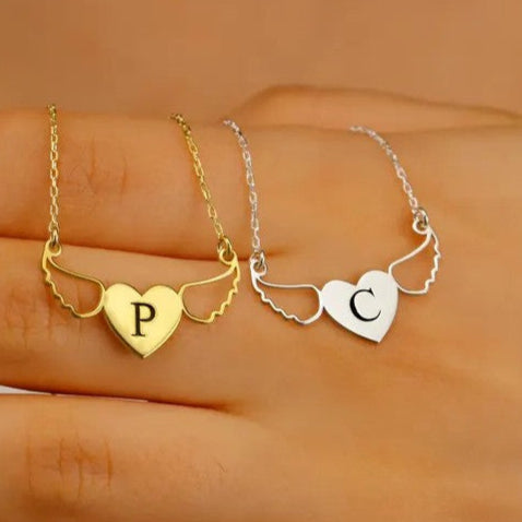 Personalized Initial Heart Necklace with Angel Wings