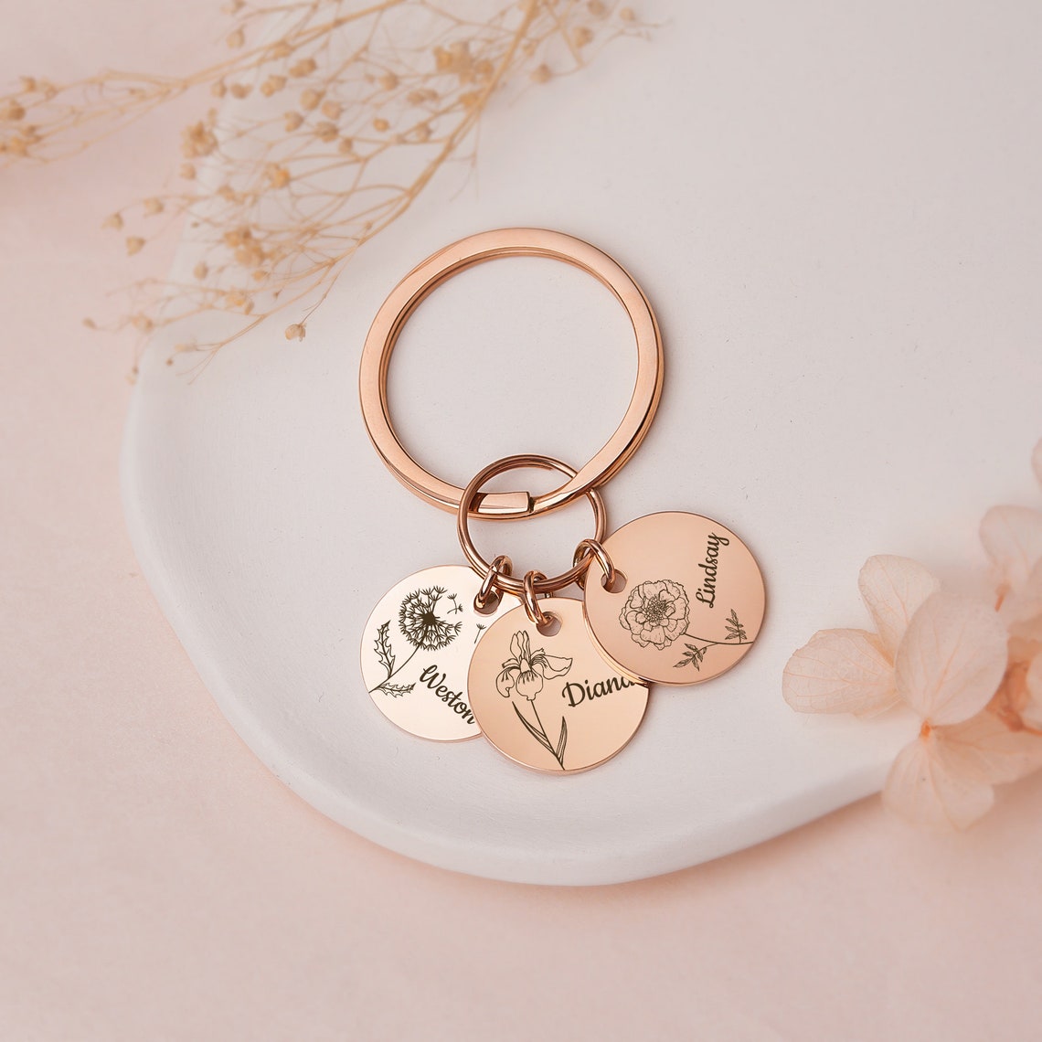 Personalized Birth Flower Keychain