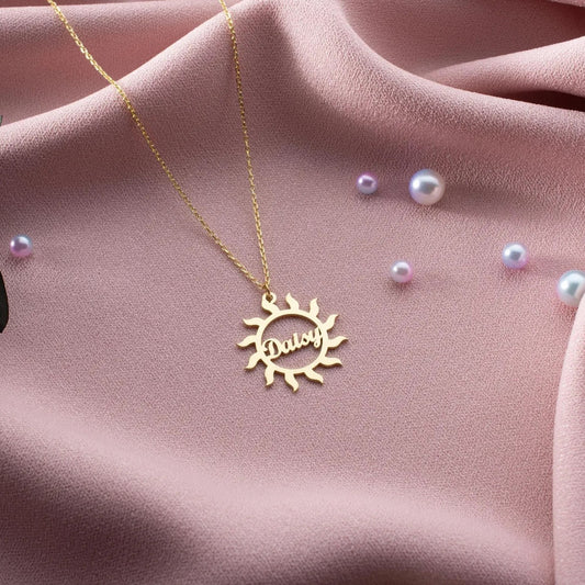 Jeluxa Custom Sunburst Name Necklace – Personalized Sunshine Pendant in Gold