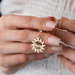 Jeluxa Custom Sunburst Name Necklace – Personalized Sunshine Pendant in Gold