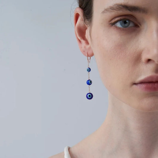 Three Glass Bead Evil Eye Drop Earrings