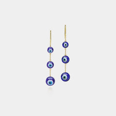 Three Glass Bead Evil Eye Drop Earrings