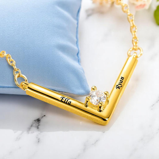 Couple Name V-Shaped Bar Necklace with Diamond