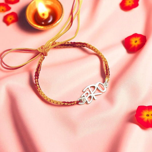 Customized Sterling Silver ‘BRO’ Rakhi with Red-Yellow Thread – Jeluxa Exclusive
