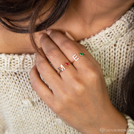 Personalized Handmade Tiny Initial Birthstone Ring