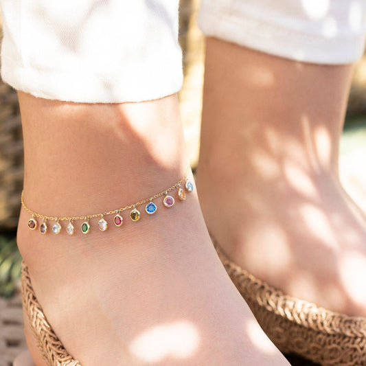 18K Gold Plated Multi Color Stone Anklet For Cute Girls