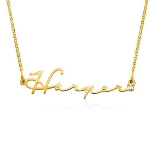 Personalised Signature Style Name Necklace in Gold Plating with Diamond