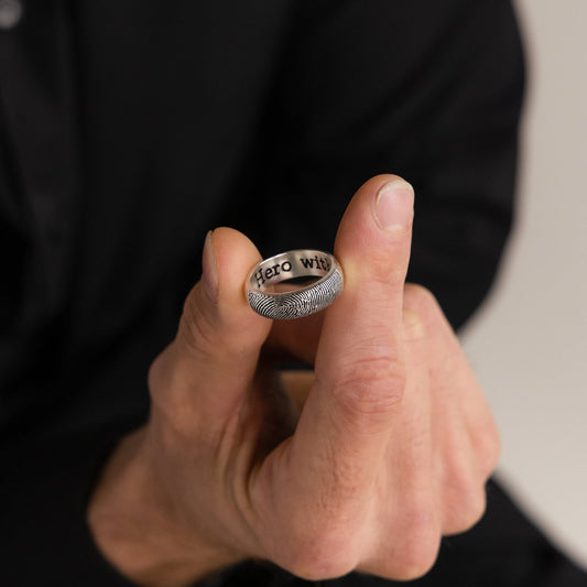 Sterling Silver Handcraft Thick Half Round Fingerprint Ring